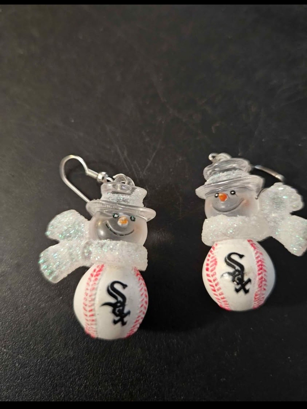 Snowman Baseball Dangle Earrings - White Glitter